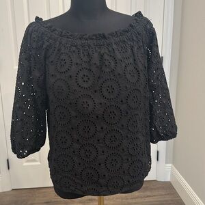 Ann Taylor Black Eyelet Blouse On / Off Shoulder Top Lined Medium